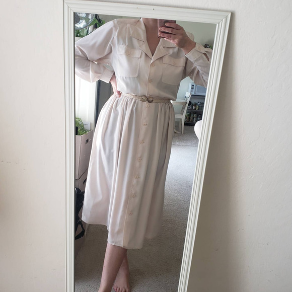 Vintage Leslie Fay Ecru Button Down Midi Dress Size 10 - Picture 7 of 7